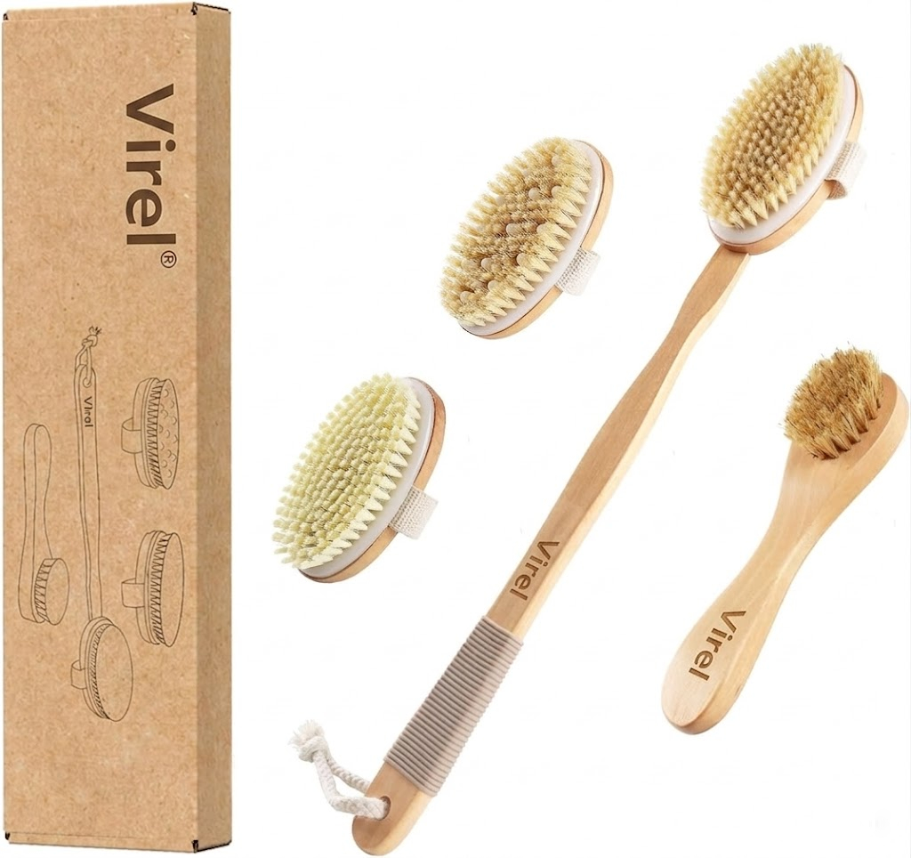 Natural Bristle Dry Brushing Set — Long Handle Body & Face Exfoliating Kit
