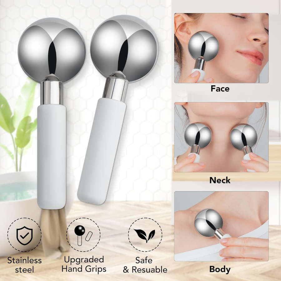 Stainless Steel Cryo Globes — Hot & Cold Facial Ice Roller Set